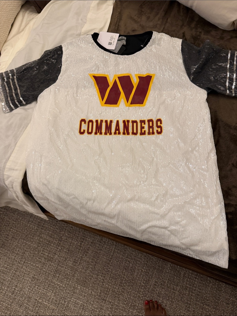 White Sequin Commanders Tee with Gray Sleeves